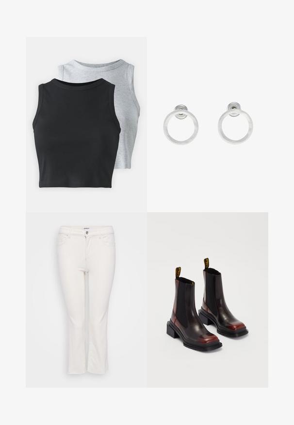 Even&Odd Petite 2 PACK - Top - light grey/black; Jeans brancos de algodão com um design de perna reta, apresentando um fecho de zip, cinco bolsos e um fecho de botão na cintura.; Dr. Martens MAYBOLE CHELSEA - Botas de tornozelo com plataforma - black/cherry red; Brincos de argola em metal prateado com textura escovada, apresentando um design circular e um fecho transparente para um uso seguro.