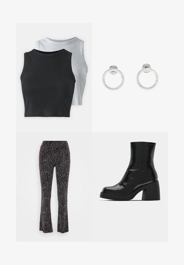 Even&Odd Petite 2 PACK - Top - light grey/black; Crne cijevne hlače u obliku zvona s dizajnom zebra uzorka, s mekanom teksturom i elastičnim pojasom za udobnost.; Crne gležnjače s sjajnom površinom, četvrtastim vrhom i debelim blok petama. Dizajn ima besprijekornu siluetu i minimalno brendiranje.; Srebrne metalne naušnice u obliku prstena s brušenom teksturom, s kružnim dizajnom i prozirnom vrstom kopče za sigurno nošenje.