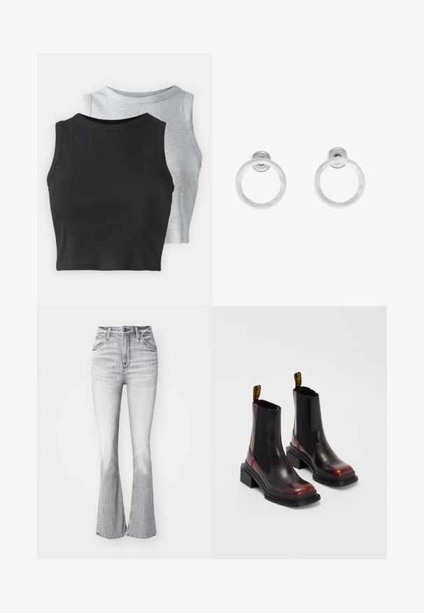 Even&Odd Petite 2 PACK - Toppi - light grey/black; Lee BREESE  - Housut - heavy ice; Dr. Martens MAYBOLE CHELSEA - Platform-nilkkurit - black/cherry red; Hopeista valmistetut korvakorut, joissa on harjattu pinta, ympyrän muotoinen muotoilu ja kirkas varsi takana, joka takaa turvallisen käytön.