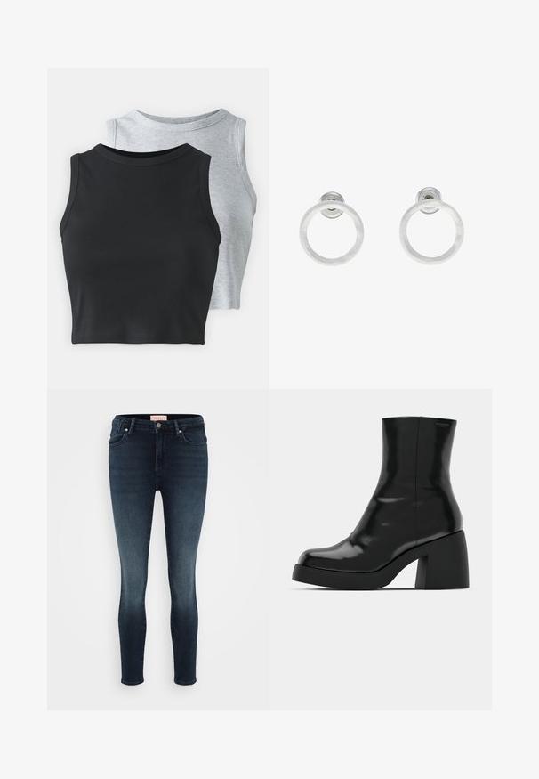 Even&Odd Petite 2 PACK - Top - light grey/black; Dark blue skinny jeans made of denim, featuring a classic five-pocket design, button closure, and minimal fading.; Black ankle boots with a glossy finish, square toe, and a thick block heel. The design features a seamless silhouette and minimal branding.; Silver metal hoop earrings with a brushed texture, featuring a circular design and a clear post back for secure wear.