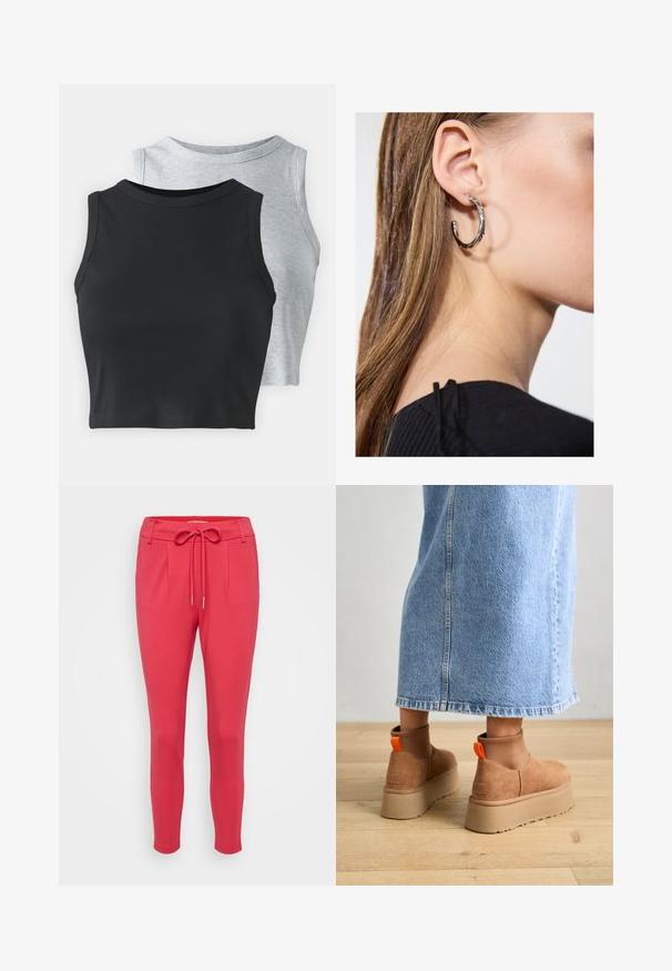 Even&Odd Petite 2 PACK - Top - light grey/black; ONLY Petite ONLPOPTRASH LIFE EASY - Trousers - viva magenta; Brown suede platform boots with elastic side panels and orange pull tabs, paired with a knee-length light denim skirt on a wooden floor.; Silver hoop earring with a polished finish, featuring small gold accent details and a round shape, worn on the lobe.