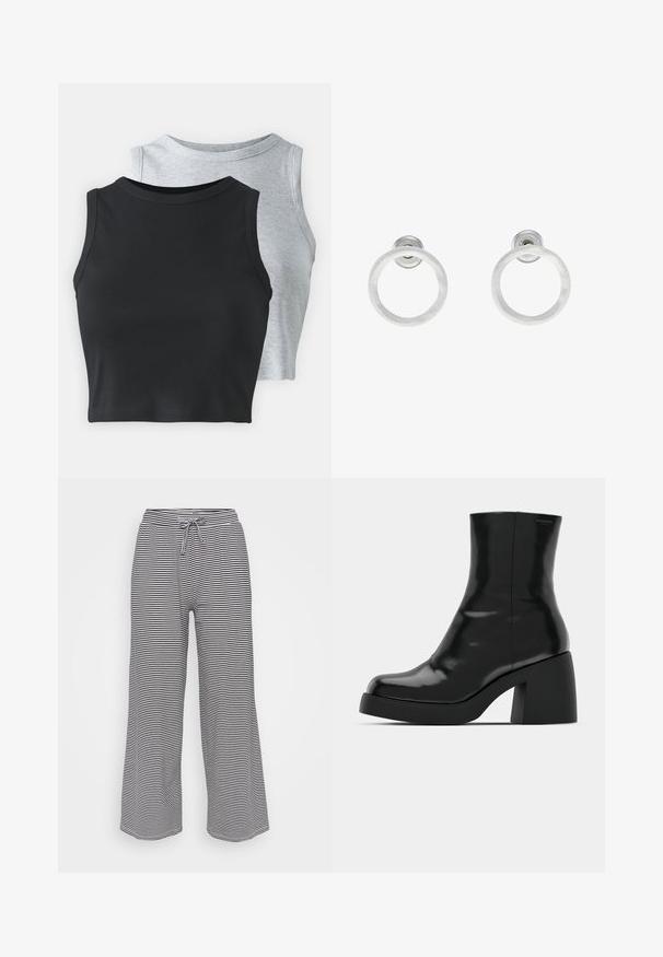 Even&Odd Petite 2 PACK - Tops - light grey/black; Platiešu bikses, kas izgatavotas no mīksta auduma, ar horizontālām melnā un baltā krāsā svītrām, ar elastīgu jostasvietu un auklu pašregulēšanai.; Melnas potītes zābaku ar spīdīgu apdari, kvadrātveida pirkstu un biezu bloku papēdi. Dizainā ir bezšuvju siluets un minimāla zīmola identitāte.; Sudraba metāla gredzenveida auskari ar matētu faktūru, ar apaļu dizainu un caurspīdīgu aizdari, lai nodrošinātu drošu valkāšanu.