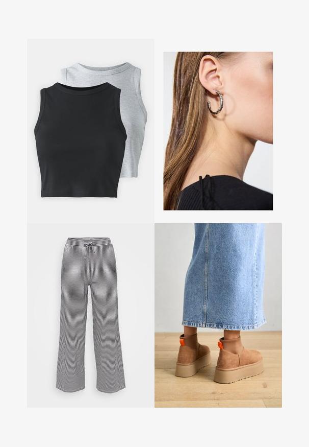 Even&Odd Petite 2 PACK - Top - light grey/black; Wide-leg pants made of soft fabric featuring horizontal black and white stripes, with an elastic waist and drawstring for adjustable fit.; Brown suede platform boots with elastic side panels and orange pull tabs, paired with a knee-length light denim skirt on a wooden floor.; Silver hoop earring with a polished finish, featuring small gold accent details and a round shape, worn on the lobe.