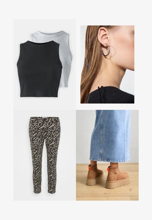 Even&Odd Petite 2 PACK - Top - light grey/black; Crne i bež hlače s uzorkom valovitog dizajna. Imaju uski kroj i dugme za zatvaranje u struku. Napravljene su od laganog materijala.; Smeđe suede platform čizme s elastičnim bočnim panelima i narančastim vučnim trakama, uparenim s suknjom od svijetlog denima do koljena na drvenom podu.; Srebrna kružna naušnica s poliranim završetkom, koja ima male zlatne detalje i okrugli oblik, nošena na uhu.