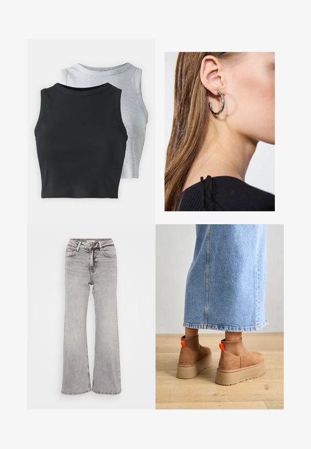 Even&Odd Petite 2 PACK - Topper - light grey/black; Grå vid jeans laget av denim, med et klassisk femlommers design, knappelukking og subtil falming for tekstur.; Brune semska plattformstøvler med elastiske sidepaneler og orange rekkehalser, parret med en knelange lys denimskjørt på et tregulv.; Sølv ringøredob med en polert finish, med små gull detaljer og en rund form, båret på øreflippen.