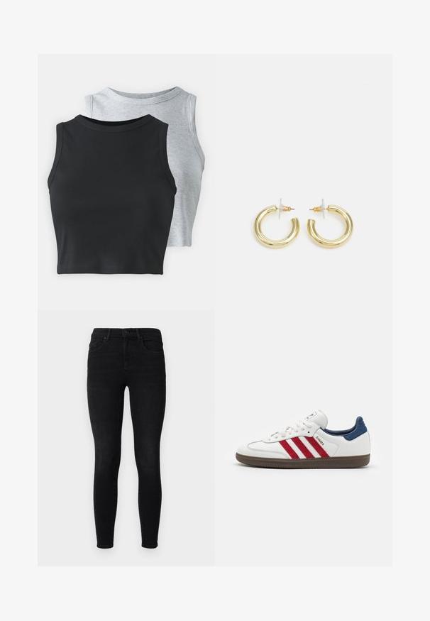 Even&Odd Petite 2 PACK - Top - light grey/black; Crne uske traperice izrađene od denima, s klasičnim dizajnom od pet džepova, petljama za remen i zatvaranjem na dugme sprijeda. Glatka tekstura.; Bijeli trenerci s crvenim suedenim prugama, plavim suedenim naglaskom na peti i teksturiranom smeškom od smešnog gume. Ima zatvaranje na vezivanje i logo.; Zlatne kružne naušnice s glatkom, sjajnom završnom obradom. Kružni dizajn s malom potporom i prozirnom podlogom za sigurno nošenje.