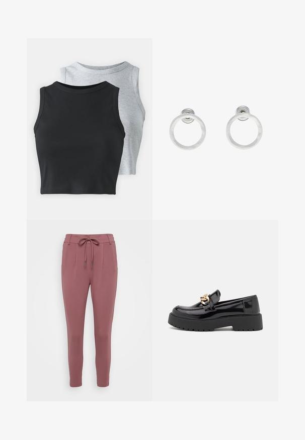 Even&Odd Petite 2 PACK - Viršus - light grey/black; Rožinės spalvos kelnės su raišteliu juosmens apdaila, siaurėjančiomis kojomis ir priekinėmis raukšlėmis. Pagamintos iš minkštos, tamprios medžiagos.; Juodi patentiniai odiniai loaferiai su masyviu juodu padu ir auksiniais detalėmis. Lygus paviršius ir apvalus pirštų dizainas.; Sidabriniai metaliniai auskarai žiedų pavidalu su šveitimo tekstūra, turintys apvalų dizainą ir skaidrų laikiklį saugiam dėvėjimui.