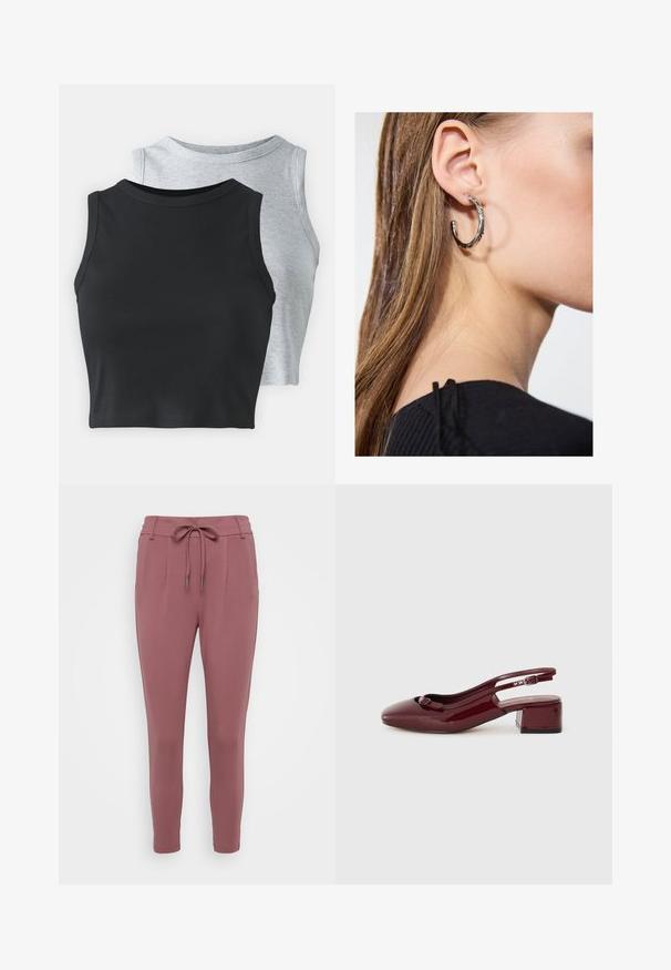 Even&Odd Petite 2 PACK - Tops - light grey/black; Rozā colorēti bikses ar regulējamām jostas saitēm, sašaurinātām kājām un priekšējām krokām. Izgatavotas no mīksta, elastīga materiāla.; Burgundijas krāsas lakota āda, sandales ar kvadrātu purngalu, nelielu blokveida papēdi un dekoratīvu ziedu detalizāciju priekšējā siksnā.; Sudraba auskars ar pulētu apdari, ar maziem zelta akcentiem un apaļu formu, uz ausu ļipiņas.