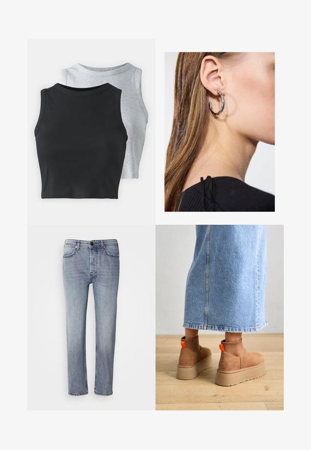 Even&Odd Petite 2 PACK - Toppi - light grey/black; Vaaleansinisiä farkkuja, joissa on rento malli, suorat lahkeet ja hieno haalistus. Ominaisuuksiin kuuluu etupainike ja viisi taskua käytännöllisyyden vuoksi.; Ruske mokasine z platformo in elastiko na straneh ter oranžnimi zategovalnimi trakovi, v kombinaciji z osnovno dolžino svetle denim krila na lesenem podu.; Hopea renkaankorvakoru kiiltävällä pinnalla, jossa on pieniä kultaisia yksityiskohtia ja pyöreä muoto, käytetty korvalla.