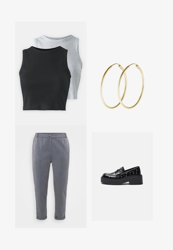 Even&Odd Petite 2 PACK - Top - light grey/black; Grijze op maat gemaakte broek met een gladde, geweven textuur, omslagmanchetten, zijzakken en een knoopsluiting bij de taille.; Zwarte leren instappers met zilveren studs, voorzien van een chunky plateauzool en een brede band over de wreef. Glad textuur, ronde vorm.; Gouden hoop oorringen met een glad, rond ontwerp en een glanzende afwerking. Lichtgewicht constructie met een stevige sluiting.