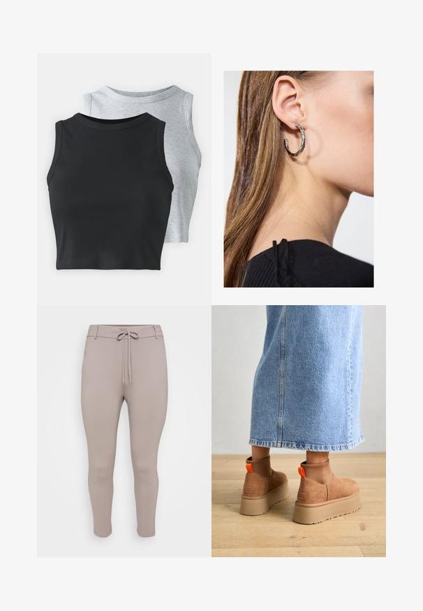 Even&Odd Petite 2 PACK - Top - light grey/black; Calças de jogging ajustadas, em bege claro, com um cordão na cintura e pernas afuniladas, exibidas contra um fundo simples.; Botas plataforma em camurça castanha com painéis laterais elásticos e puxadores laranja, combinadas com uma saia de ganga clara até ao joelho, em um chão de madeira.; Brinco de argola prateada com acabamento polido, apresentando pequenos detalhes em dourado e uma forma redonda, usado na orelha.