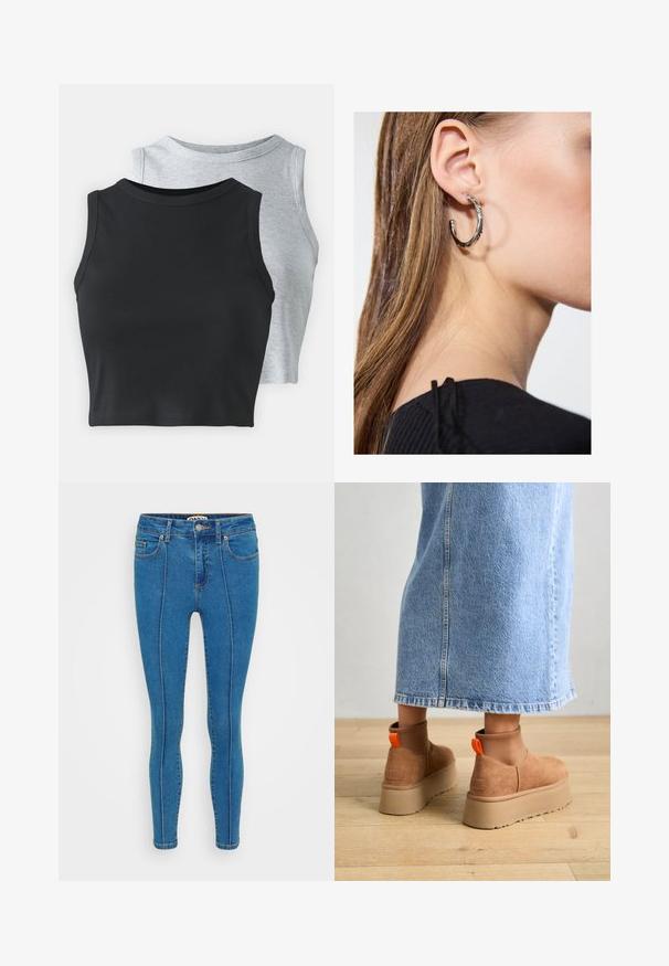 Even&Odd Petite 2 PACK - Top - light grey/black; Blugi skinny din denim albastru au un design cu talie înaltă, buzunare frontale și cusături contrastante pe margini. Textură netedă în general.; Botine maro din suede cu platformă, cu panouri elastice pe laterale și mânere portocalii, asortate cu o fustă din denim deschis până la genunchi, pe un podea din lemn.; Cercel din argint cu un finisaj polișat, având detalii mici din aur și o formă rotundă, purtat pe lobul urechii.