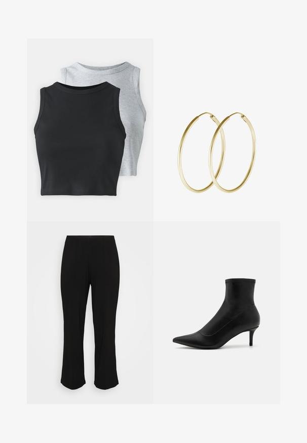 Even&Odd Petite 2 PACK - Topp - light grey/black; Mustad, laienevad püksid, mis on sileda pinnaga ja õrnade kortsudega, esitatud ühetaolise valge tausta ees.; Mustad mustad madud mustast nahast, millel on terav varvas ja lühike, õhuke konts. Omab sujuvat disaini ja peeneid õmbluse aktsente.; Kuldne rõngaskõrvarõngad, millel on sujuv ja ümar disain, ning läikiv viimistlus. Kerge konstruktsioon koos kindla klambriga.