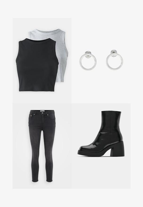 Even&Odd Petite 2 PACK - Top - light grey/black; Črne tanke kavbojke iz denima. Imajo sprednji gumb za zapiranje in zadrgo na pasu. Gladka tekstura z minimalnim bledenjem.; Črne gležnjarje z sijajno površino, kvadratnim nosom in debelim blokskim peto. Oblikovanje izstopa s brezšivno silhueto in minimalnim logotipiranjem.; Srebrni kovinski obročasti uhani z brušenjem, s krožno obliko in prozornim zatičem za varno nošenje.