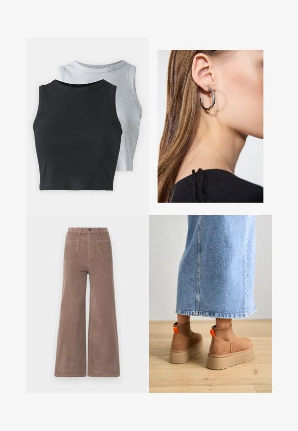 Even&Odd Petite 2 PACK - Top - light grey/black; Bruine corduroy broek met wijde pijpen en hoge taille, met knoopsluiting, twee achterzakken en verticale ribbeltextuur.; Bruine suède platformlaarzen met elastische zijkanten en oranje trekbandjes, gecombineerd met een lichtdenim rok tot de knie op een houten vloer.; Zilveren oorbel met een gepolijste afwerking, met kleine gouden accentdetails en een ronde vorm, gedragen op de oorlel.