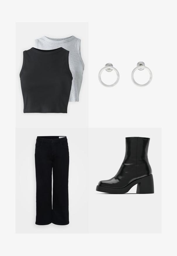 Even&Odd Petite 2 PACK - Top - light grey/black; Crne široke traperice napravljene od denima, s klasičnim dizajnom pet džepova, kopčanjem na dugme i ravnim krojem s obrubom.; Crne gležnjače s sjajnom površinom, četvrtastim vrhom i debelim blok petama. Dizajn ima besprijekornu siluetu i minimalno brendiranje.; Srebrne metalne naušnice u obliku prstena s brušenom teksturom, s kružnim dizajnom i prozirnom vrstom kopče za sigurno nošenje.
