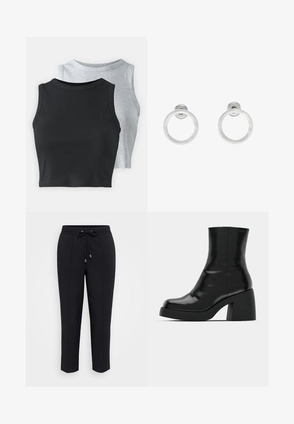 Even&Odd Petite 2 PACK - Débardeur - light grey/black; Pantalon de survêtement noir avec une taille élastiquée à cordon de serrage, coupe ajustée et deux coutures latérales. Tissu doux et lisse sans motifs ni embellissements visibles.; Bottines noires à finition brillante, bout carré et épais talon bloc. Le design présente une silhouette homogène et un branding minimal.; Boucles d'oreilles en métal argenté avec une texture brossée, présentant un design circulaire et un fermoir transparent pour un port sécurisé.