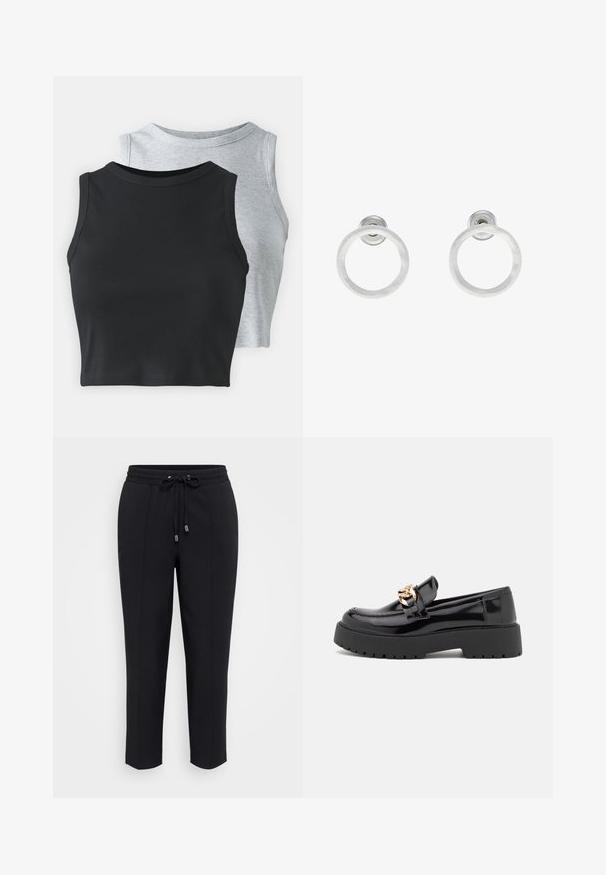 Even&Odd Petite 2 PACK - Toppi - light grey/black; Mustat verkkarit, joissa on nauhakuulustelu, kapeat lahkeet ja kaksi sivusaumaa. Pehmeä, sileä kangas ilman näkyviä kuvioita tai koristeita.; Musta kiiltonahasta valmistettu loaferit, joissa on paksu musta pohja ja kultaiset yksityiskohdat. Tasainen pinta ja pyöristetty kärki.; Hopeista valmistetut korvakorut, joissa on harjattu pinta, ympyrän muotoinen muotoilu ja kirkas varsi takana, joka takaa turvallisen käytön.