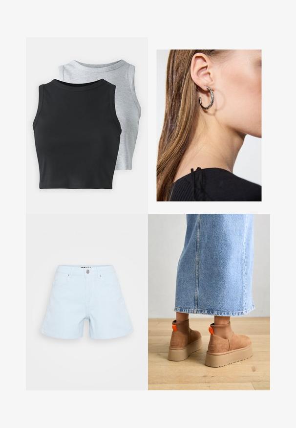 Even&Odd Petite 2 PACK - Felső - light grey/black; Világoskék csíkos pamutsort, öt zsebbel, elöl gombos záródással és normál szabással.; Barna velúr platform csizmák elasztikus oldalsó panelekkel és narancssárga húzófülekkel, amelyek egy térdközépig érő világoskék farmer szoknyával vannak párosítva egy fás padlón.; Ez egy ezüst fülbevaló, sima felülettel, amelyen apró arany díszítőelemek találhatók. Kerek formájú és a fülcimpán viselik.