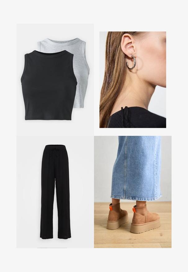 Even&Odd Petite 2 PACK - Viršus - light grey/black; Juodos plačios kelnės, pagamintos iš lengvos medžiagos, su elastingu juosmeniu ir raišteliu, be matomų raštų ar akcentų.; Rudos zomšiniai platforminiai batai su elastingomis šoniniais panirais ir oranžinėmis kilpomis, derinami su kelio ilgio šviesių džinsų sijonu ant medinių grindų.; Sidabrinė lankinė auskarai su poliruotu paviršiumi, turintys mažus auksinius akcentus ir apvalią formą, dėvimi ant ausies kaušelio.