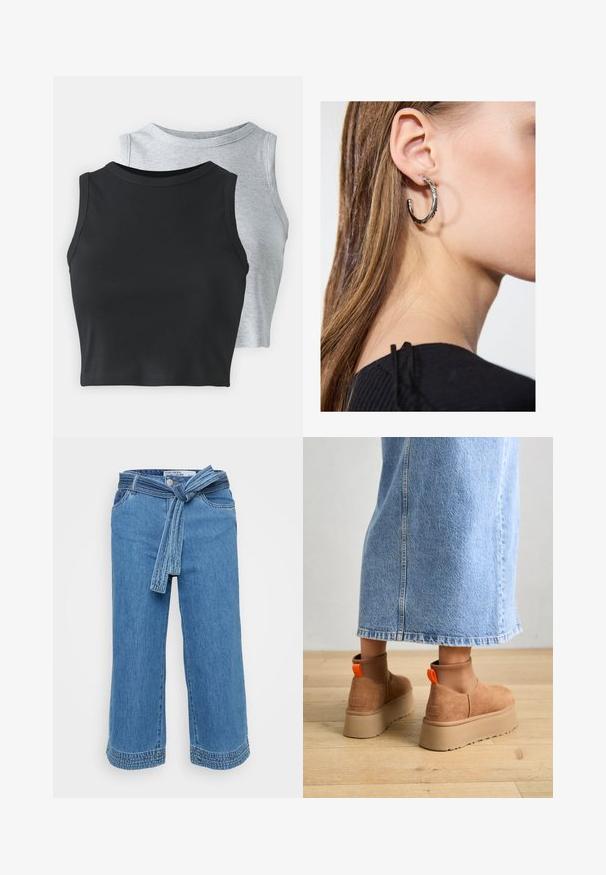 Even&Odd Petite 2 PACK - Top - light grey/black; Svetlo modre denim culote z vozlano pasom, širokimi nogami in razfrkanimi robovi. Ima žepke in nekoliko zbledelo teksturo.; Rjave suede platform čizme z elastičnimi stranskimi paneli in oranžnimi zankami, v kombinaciji s svetlobno denim krilom do kolen na lesenem tleh.; Srebrna obročasta uhana s polirano površino, ki vključuje majhne zlate poudarke in okroglo obliko, nošena na ušesnem lobu.