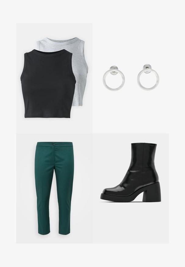 Even&Odd Petite 2 PACK - Top - light grey/black; Zeleni skrajšani hlače iz gladkega materiala, z zadrgo in gumbom, sprednjimi žepi in krojem, ki se prilega.; Črne gležnjarje z sijajno površino, kvadratnim nosom in debelim blokskim peto. Oblikovanje izstopa s brezšivno silhueto in minimalnim logotipiranjem.; Srebrni kovinski obročasti uhani z brušenjem, s krožno obliko in prozornim zatičem za varno nošenje.