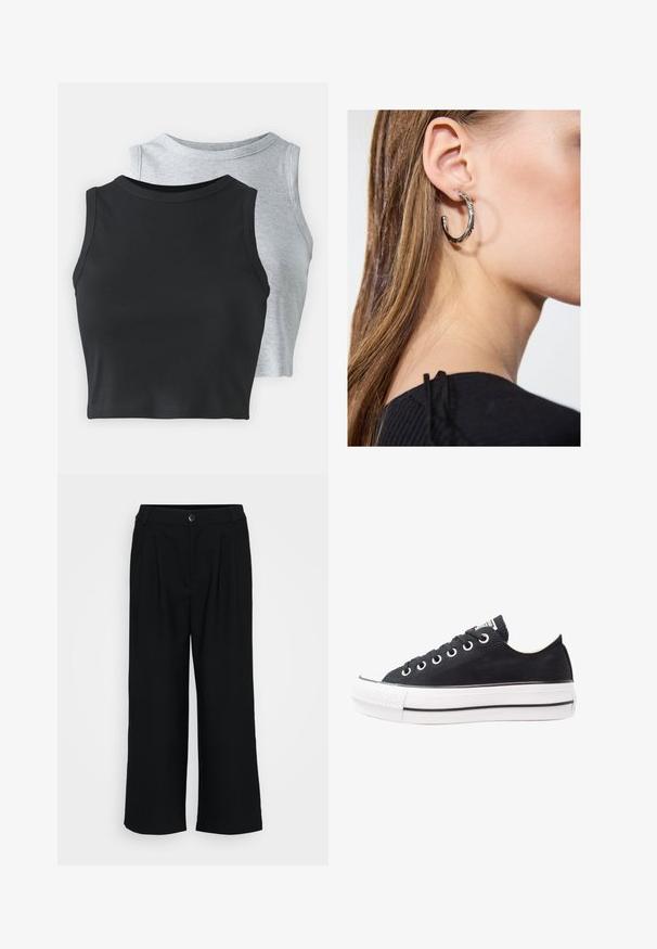 Even&Odd Petite 2 PACK - Top - light grey/black; Zwarte wijde broek van soepel stof met voorplooien, een tailleband met knoopsluiting en een vloeiende silhouet.; Zwarte canvas sneaker met witte rubberen zool, ronde neus, laag topontwerp, metalen oogjes en een gestructureerde neuskap. Dunne zwarte streep langs de zool.; Zilveren oorbel met een gepolijste afwerking, met kleine gouden accentdetails en een ronde vorm, gedragen op de oorlel.