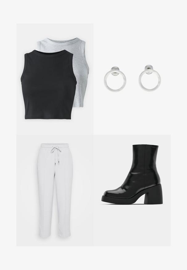 Even&Odd Petite 2 PACK - Top - light grey/black; Svetlo sivi hlače z elastičnim pasom in nastavljivo vrvico, z dvema stranskima žepoma in zožano obliko nogavic. Gladka tekstura tkanine.; Črne gležnjarje z sijajno površino, kvadratnim nosom in debelim blokskim peto. Oblikovanje izstopa s brezšivno silhueto in minimalnim logotipiranjem.; Srebrni kovinski obročasti uhani z brušenjem, s krožno obliko in prozornim zatičem za varno nošenje.