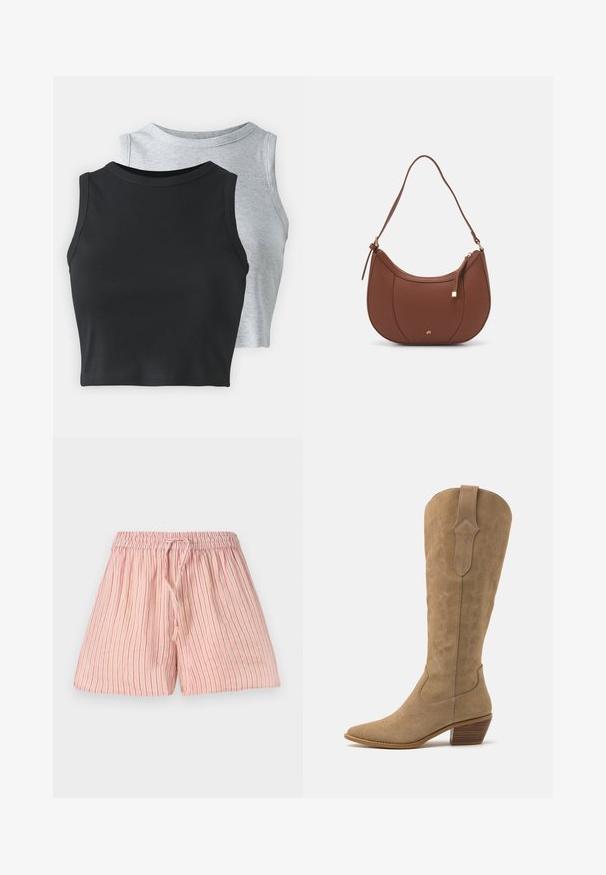 Even&Odd Petite 2 PACK - Topper - light grey/black; Lys rosa shorts med vertikale røde striper, laget av myk stoff. Har en elastisk midjebånd med snøring for justering.; Brune suedet cowboy-støvler med spiss tå, middels høyde skaft og dekorativ broderi langs sidene. Har en stablet tre-hæl.; Brun kunstlæder skuldertaske med buet form, minimal syning og detaljer i guld-tonet hardware. Har en top lynlås lukning og justerbar rem.