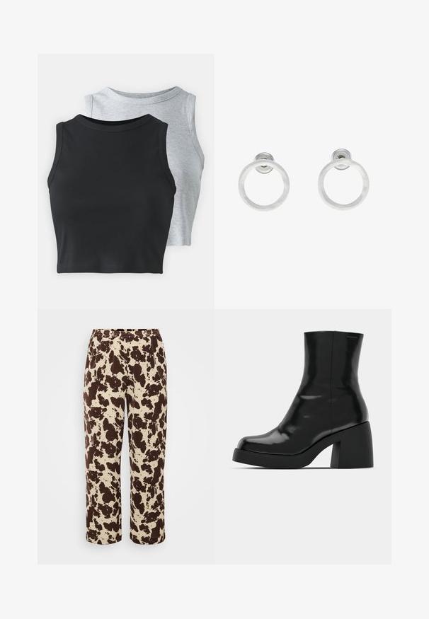Even&Odd Petite 2 PACK - Top - light grey/black; Pantaloni da tuta marroni e crema con motivo, dotati di una vita elasticizzata e design a gamba dritta, realizzati in tessuto morbido e leggero.; Stivali neri alla caviglia con finitura lucida, punta quadrata e tacco a blocco spesso. Il design presenta una silhouette senza cuciture e un branding minimale.; Orecchini a cerchio in metallo argento con finitura spazzolata, caratterizzati da un design circolare e un gancio trasparente sul retro per una vestibilità sicura.