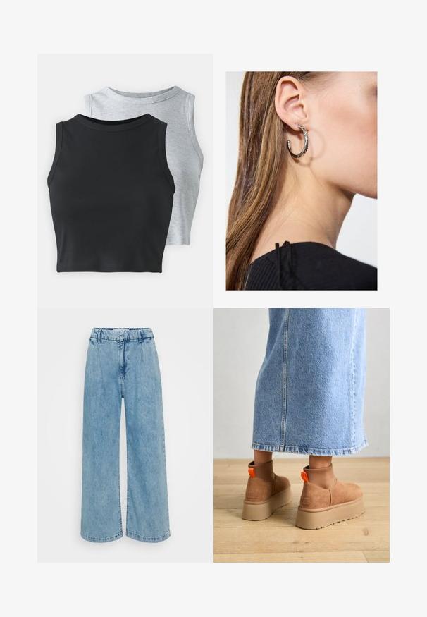 Even&Odd Petite 2 PACK - Top - light grey/black; Light blue denim wide-leg trousers with a high waistband, featuring pleats, a smooth texture, and finished hems.; Brown suede platform boots with elastic side panels and orange pull tabs, paired with a knee-length light denim skirt on a wooden floor.; Silver hoop earring with a polished finish, featuring small gold accent details and a round shape, worn on the lobe.