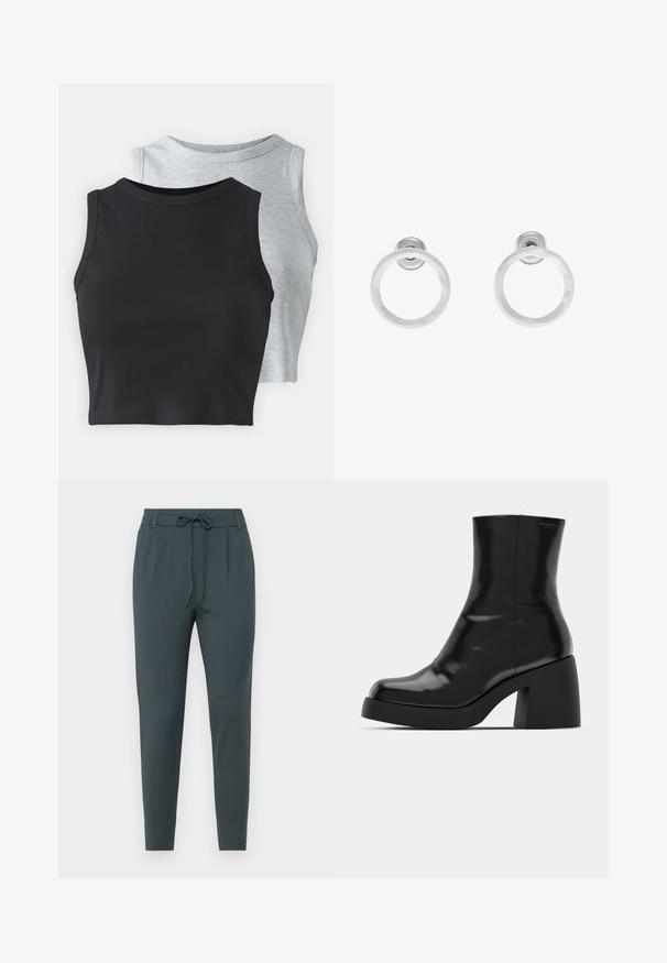 Even&Odd Petite 2 PACK - Tops - light grey/black; Tumši zaļi iegriezti bikses, izgatavotas no gludas auduma, ar stringu jostasvietu un diviem priekšējiem pleciem, lai pievienotu dizaina detaļas.; Melnas potītes zābaku ar spīdīgu apdari, kvadrātveida pirkstu un biezu bloku papēdi. Dizainā ir bezšuvju siluets un minimāla zīmola identitāte.; Sudraba metāla gredzenveida auskari ar matētu faktūru, ar apaļu dizainu un caurspīdīgu aizdari, lai nodrošinātu drošu valkāšanu.