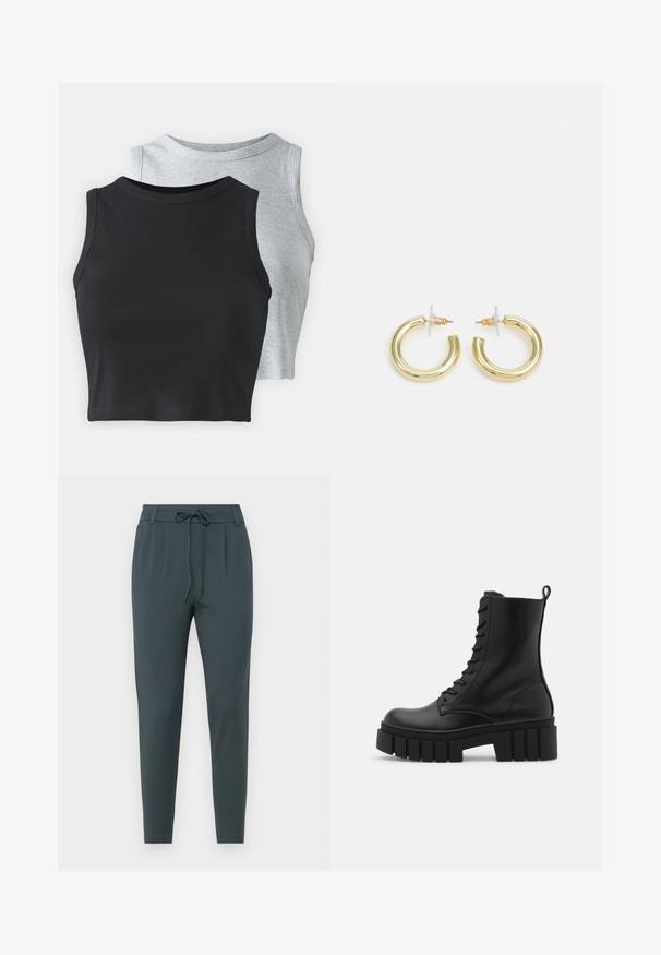 Even&Odd Petite 2 PACK - Top - light grey/black; Donkergrijze, taps toelopende broek gemaakt van een gladde stof, met een trekkoord in de taille en twee voorplooien voor extra designdetail.; Zwarte leren enkelboot met een chunky, gegroefd zool, vetersluiting aan de voorkant en een trekband op een gladde witte achtergrond.; Gouden creolen met een gladde, glanzende afwerking. Circulaire vormgeving met een kleine post en een doorzichtige achterkant voor een veilige draagervaring.