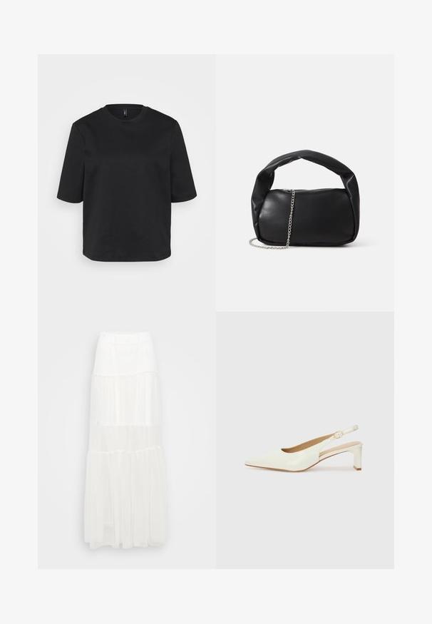 Črno majico s kratkimi rokavi iz bombaža z okrožnim ovratnikom, ki ima sproščen kroj. Gladka tekstura brez vidnih vzorcev ali akcentov.; Bela maksi krila s tieranjem in elastičnim pasom. Narejena iz lahkotnega materiala, ima polprosojne plasti in tekoč dizajn.; Bele begaste usnjene slingback čevlje z ostrim nosom in nizkim blokastim peto. Imajo diskreten trak z zlatim podrobnostim s sponko.; Črna usnjena torba za roke zaokrožene oblike, z debelim ročajem in srebrnim verižnim trakom. Gladka tekstura z rahlo sijajem.
