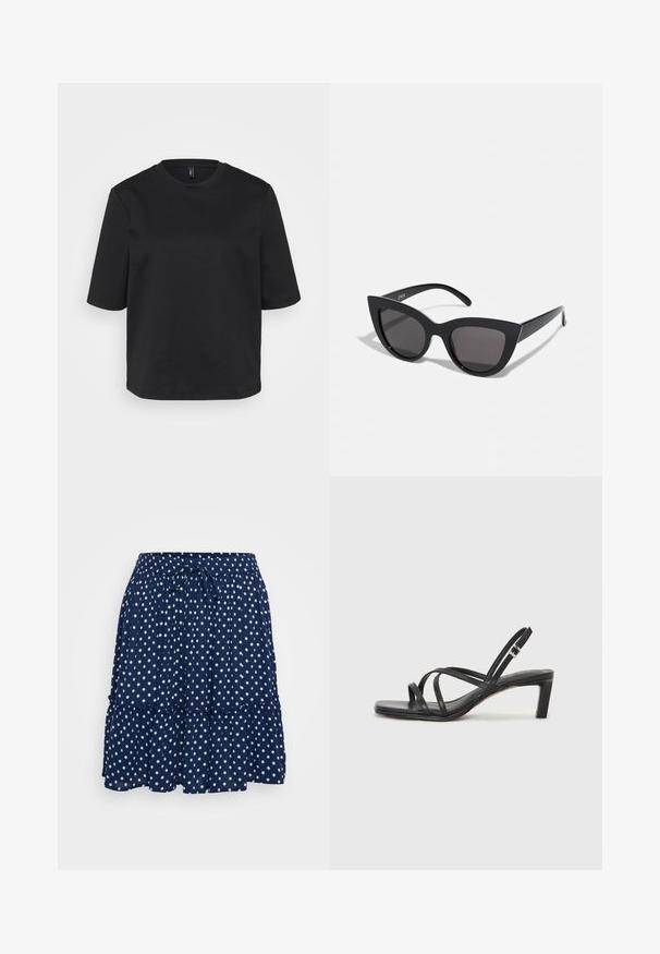 Črno majico s kratkimi rokavi iz bombaža z okrožnim ovratnikom, ki ima sproščen kroj. Gladka tekstura brez vidnih vzorcev ali akcentov.; Mornarško modra, večplasasta krila iz lahkega materiala, okrašena z vzorcem pikic in z nastavljivim pasom za udobno prileganje.; Črne natikače s trakovi in kvadratnim prstom ter nizkim blokastim peto. Imajo več tankih trakov in nastavljiv trak okoli gležnja. Narejene so iz gladkega usnja.; Črne mačke-oko sončna očala z mat zaključkom, ki imajo sive tonirane leče, ostre kote in eleganten stranski del. Ime blagovne znamke je vidno na notranjem ročaju.