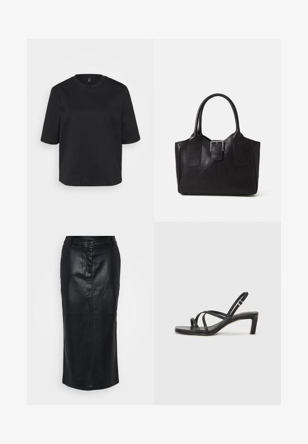 Melnā apģērbojamo crew-neck T-kreklā, izgatavotā no kokvilnas, ir īsas piedurknes un brīvs piegriezums. Gluda tekstūra bez redzamām rakstām vai akcentiem.; Melnas ādas midi svārki ar gludu tekstūru, priekšējā pogu aizdare un taisna silueta. Iezīmē sānu šuves un minimālu detaļu.; Melnas strappy sandales ar kvadrātveida purngaliem un zemu bloku papēdi. Ievērojamas ar vairākiem plāniem siksniņām un regulējamu potītes siksniņu. Izgatavotas no gludas ādas.; Melnas ādas somiņa ar gludu tekstūru, strukturētu formu, divām rokturām un izteiktu sudraba sprādzi priekšpusē.