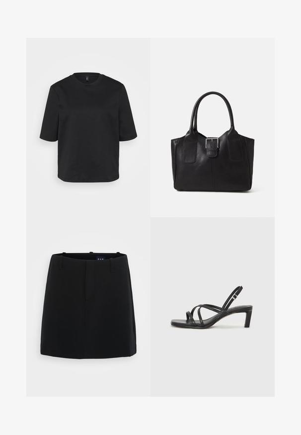 Black crew-neck t-shirt made of cotton, featuring short sleeves and a relaxed fit. Smooth texture with no visible patterns or accents.; Black skirt with a smooth fabric texture, minimalistic design, two front pockets, and a mid-thigh length. Includes belt loops at the waist.; Black strappy sandal with a square toe and a low block heel. Features multiple thin straps and an adjustable ankle strap. Made of smooth leather.; Black leather tote bag with smooth texture, structured shape, two handles, and a prominent silver buckle detail on the front.