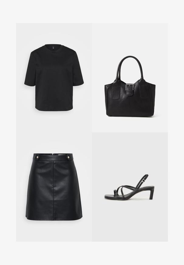 Svart t-skjorte med rund hals laget av bomull, med korte ermer og avslappet passform. Glatt tekstur uten synlige mønstre eller detaljer.; Svart lærskjørt med en tettsittende design, to frontlommer med gullfarget beslag, og glidelås i ryggen. Glatt tekstur.; Sorte sandaler med stropper, firkantet tå og lav blokk hæl. Har flere tynne stropper og en justerbar ankelstropp. Laget av glatt lær.; Svart skinn toteveske med jevn tekstur, strukturert form, to håndtak og en fremtredende sølvspenne foran.