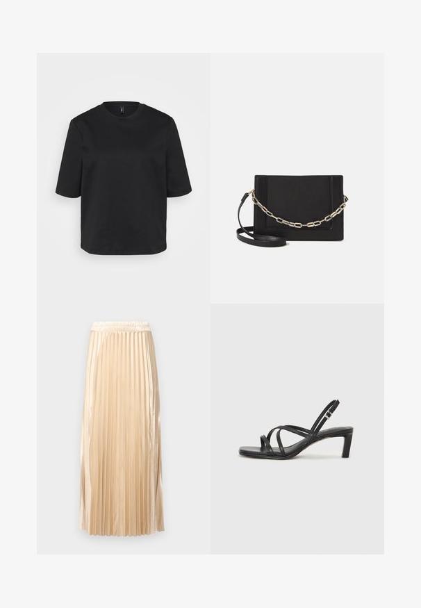 Tricou negru cu gât rotund, din bumbac, cu mâneci scurte și o croială lejeră. Textură netedă, fără modele sau accente vizibile.; Fustă midi pliată din satin bej deschis, cu talie elastică și textură netedă, având dungi verticale care accentuează designul.; Sandal cu barete negre, cu vârf pătrat și toc mic de bloc. Prezintă mai multe barete subțiri și o bareta ajustabilă la gleznă. Fabricat din piele netedă.; Geantă de umăr din piele neagră, cu o textură netedă, formă rectangulară și un detaliu din lanț metalic în față. Include curea reglabilă.