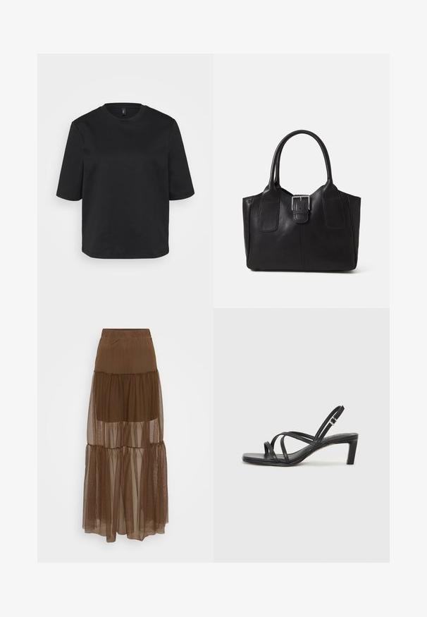 Schwarzes Rundhals-T-Shirt aus Baumwolle, mit kurzen Ärmeln und lockerer Passform. Glatte Textur ohne sichtbare Muster oder Akzente.; Brauner gestufter Rock mit einem strukturierten Mesh-Overlay und elastischem Bund. Verfügt über drei Lagen aus transparenter Stoff, die eine leicht fallende Silhouette bieten.; Schwarze Sandale mit Riemchen, quadratischer Zehenform und niedrigem Blockabsatz. Verfügt über mehrere dünne Riemen und einen verstellbaren Knöchelriemen. Hergestellt aus glattem Leder.; Schwarze Leder-Tote mit glatter Textur, strukturiertem Design, zwei Griffen und einem auffälligen silbernen Schnallen-Detail auf der Vorderseite.