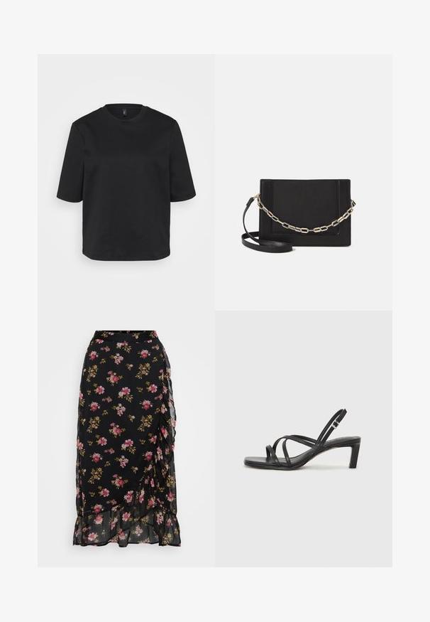Črno majico s kratkimi rokavi iz bombaža z okrožnim ovratnikom, ki ima sproščen kroj. Gladka tekstura brez vidnih vzorcev ali akcentov.; Črna cvetlična krila z rožnatimi in zelenimi vzorci, razslojena zasnova in nabran rob. Narejena iz lahke, polprosojne tkanine.; Črne natikače s trakovi in kvadratnim prstom ter nizkim blokastim peto. Imajo več tankih trakov in nastavljiv trak okoli gležnja. Narejene so iz gladkega usnja.; Črna usnjena torba čez ramo z gladko teksturo, pravokotno obliko in kovinskim verižnim detajlom spredaj. Vključena je nastavljiva naramnica.