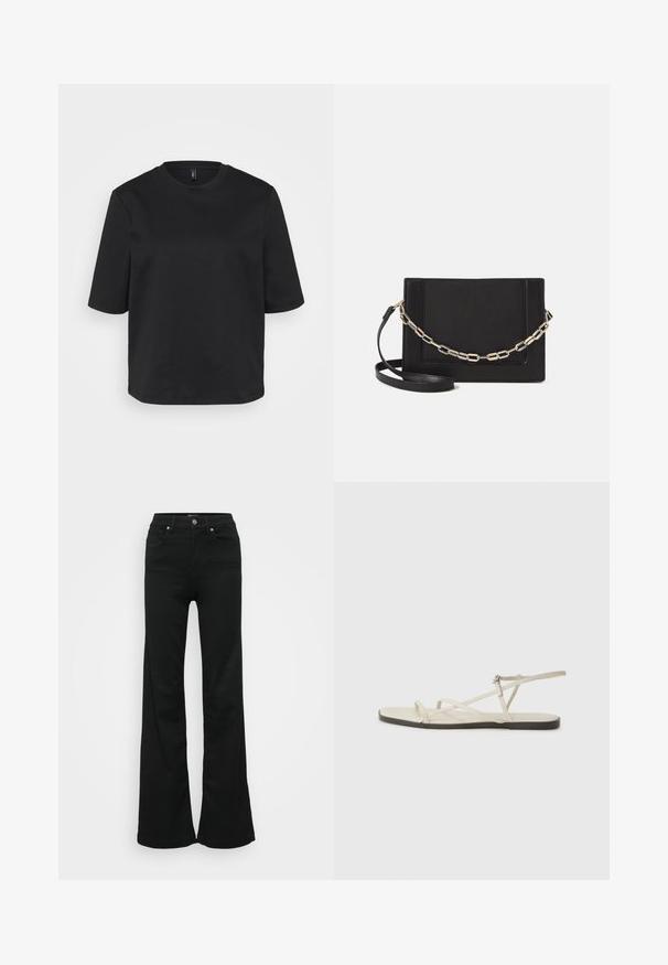 Fekete környakú pamut póló, rövid ujjal és laza fazonnal. Simaszövet, látható minták vagy díszítések nélkül.; Fekete, trapéz szabású farmernadrág, magas derékkal, öt zsebbel és fémből készült gombos zárással. Simább textúrájú, minimális díszítéssel.; Beige lapos szandál, amelyet több vékony pánt díszít, és állítható csattal rendelkezik. A talpa lapos, az élein enyhe sötét kontraszttal.; Fekete bőr keresztpántos táska, sima textúrával, téglalap alakú és fém lánc részlettel az elején. Állítható pánttal ellátva.