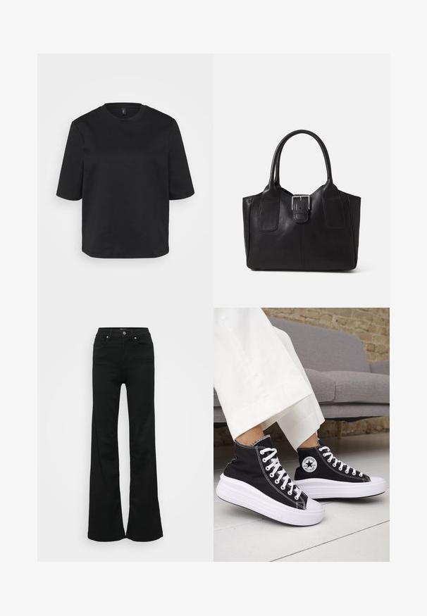 Črno majico s kratkimi rokavi iz bombaža z okrožnim ovratnikom, ki ima sproščen kroj. Gladka tekstura brez vidnih vzorcev ali akcentov.; Črne razširjene kavbojke iz denima, z visokim pasom, petimi žepi in kovinskim gumbom za zapiranje. Gladka tekstura z minimalnimi detajli.; Črni visoki supergi z belimi gumijastimi podplati in vezalkami. Na njih je okrogel logotip in kontrastno belo šivanje. Iz blaga platna.; Črna usnjena torba s gladko teksturo, strukturirano obliko, dvema ročkama in izrazitim srebrnim sponko na sprednji strani.