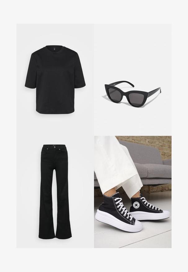 Črno majico s kratkimi rokavi iz bombaža z okrožnim ovratnikom, ki ima sproščen kroj. Gladka tekstura brez vidnih vzorcev ali akcentov.; Črne razširjene kavbojke iz denima, z visokim pasom, petimi žepi in kovinskim gumbom za zapiranje. Gladka tekstura z minimalnimi detajli.; Črni visoki supergi z belimi gumijastimi podplati in vezalkami. Na njih je okrogel logotip in kontrastno belo šivanje. Iz blaga platna.; Črne mačke-oko sončna očala z mat zaključkom, ki imajo sive tonirane leče, ostre kote in eleganten stranski del. Ime blagovne znamke je vidno na notranjem ročaju.