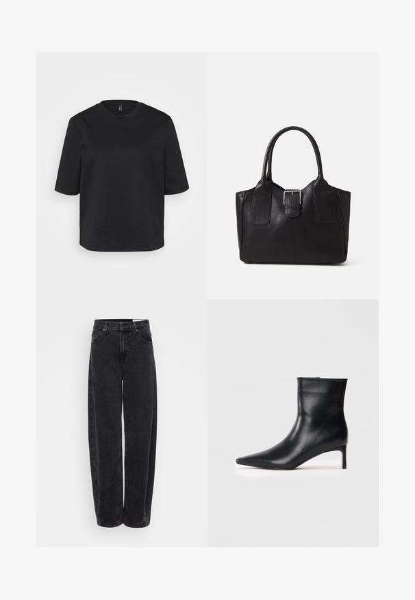 Czarny t-shirt z okrągłym dekoltem, wykonany z bawełny, z krótkimi rękawami i luźnym krojem. Gładka tekstura bez widocznych wzorów czy akcentów.; Gap Tall CARTELLI czarny; Czarna skórzana botka sięgająca kostki o spiczastej czubie, eleganckim kształcie i smukłym obcasie typu kitten heel. Gładka struktura bez widocznych ozdób.; Czarna skórzana torba tote o gładkiej fakturze, usztywnionym kształcie, dwóch uchwytach oraz wyraźnym srebrnym zapięciu na przodzie.