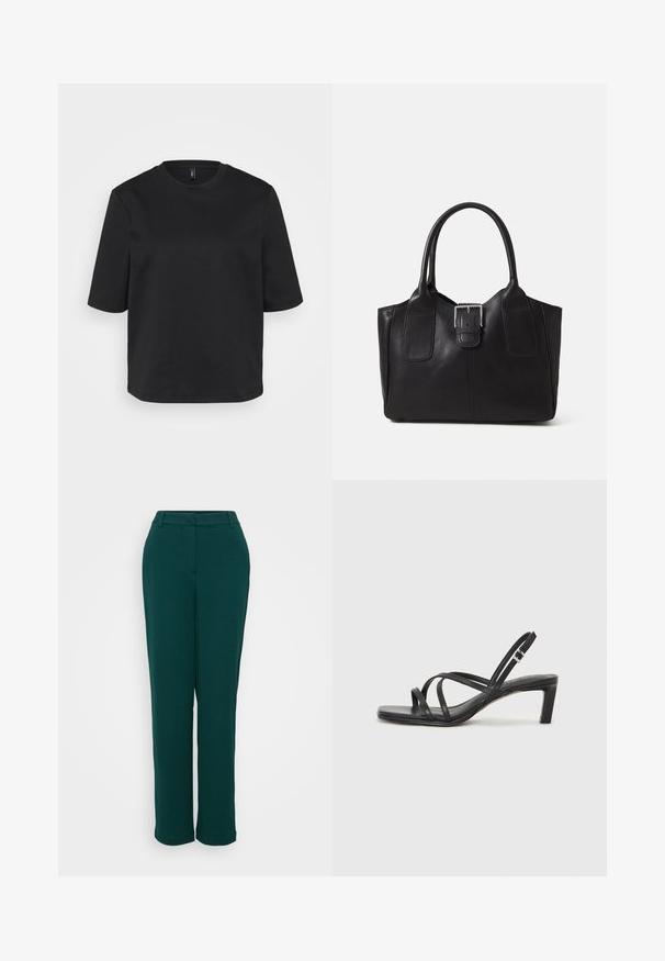 Črno majico s kratkimi rokavi iz bombaža z okrožnim ovratnikom, ki ima sproščen kroj. Gladka tekstura brez vidnih vzorcev ali akcentov.; Zelena hlače visokega pasu s ravnim krojem, narejene iz gladkega materiala, z sprednjimi žepi in diskretnim pasom.; Črne natikače s trakovi in kvadratnim prstom ter nizkim blokastim peto. Imajo več tankih trakov in nastavljiv trak okoli gležnja. Narejene so iz gladkega usnja.; Črna usnjena torba s gladko teksturo, strukturirano obliko, dvema ročkama in izrazitim srebrnim sponko na sprednji strani.