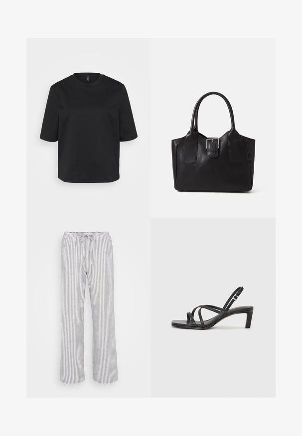 T-shirt nera a girocollo realizzata in cotone, con maniche corte e vestibilità comoda. Texture liscia senza motivi o dettagli visibili.; Pantaloni a righe grigio chiaro con cintura elastica, chiusura con coulisse e design a gamba larga. Realizzati in un tessuto morbido e traspirante.; Sandalo nero con cinturini, dalla punta squadrata e tacco basso a blocco. Presenta diversi cinturini sottili e una cinturini regolabile alla caviglia. Realizzato in pelle liscia.; Borsa tote in pelle nera con texture liscia, forma strutturata, due manici e un evidente dettaglio in fibbia argentata sul davanti.