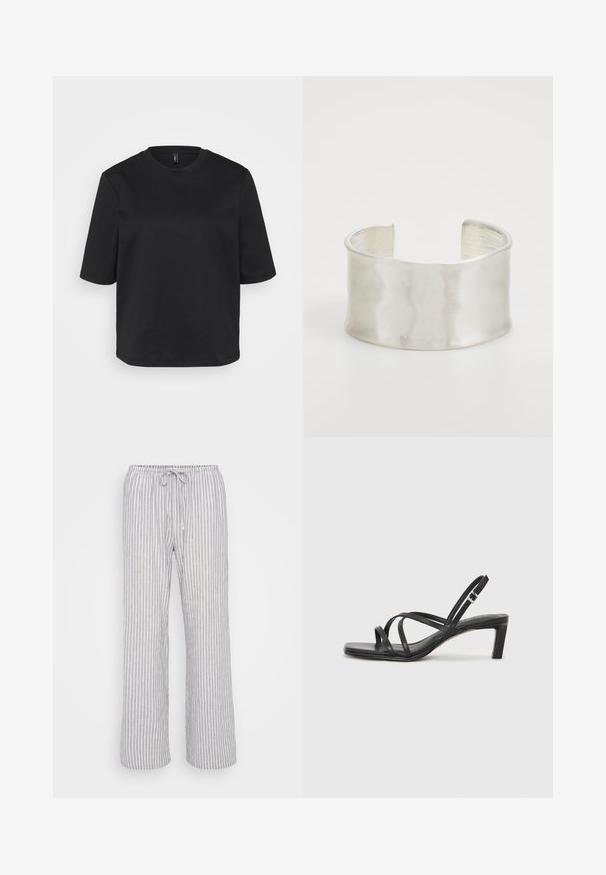 Svart t-skjorte med rund hals laget av bomull, med korte ermer og avslappet passform. Glatt tekstur uten synlige mønstre eller detaljer.; Lys grå stripete bukser med elastisk midjebånd, snøring og vid ben-design. Laget av et mykt, pustende stoff.; Sorte sandaler med stropper, firkantet tå og lav blokk hæl. Har flere tynne stropper og en justerbar ankelstropp. Laget av glatt lær.; Zign Armbånd - silver-coloured