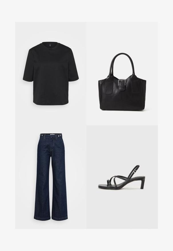 Must t-särk, millel on ümmargune kaelus, valmistatud puuvillast, lühikeste varrukatega ja lõdva lõikega. Sile tekstuur, ilma nähtavate mustrite või aktsendita.; Tumed sinised kõrge vöökoht ja avarad teksad, millel on nupuga reguleeritav vöökoht, esikotid ja tõmblukuga sulgemine.; Mustast rihmajalatsid ruudukujulise varba ja madala ploki kontsaga. Omab mitmeid õhukesi rihmasid ja reguleeritavat pahkluu rihma. Valmistatud siledast nahast.; Mustgamma nahast kott, millel on sile tekstuur, struktureeritud kuju, kaks käepidet ja esiküljel silmapaistev hõbedane pandla detail.