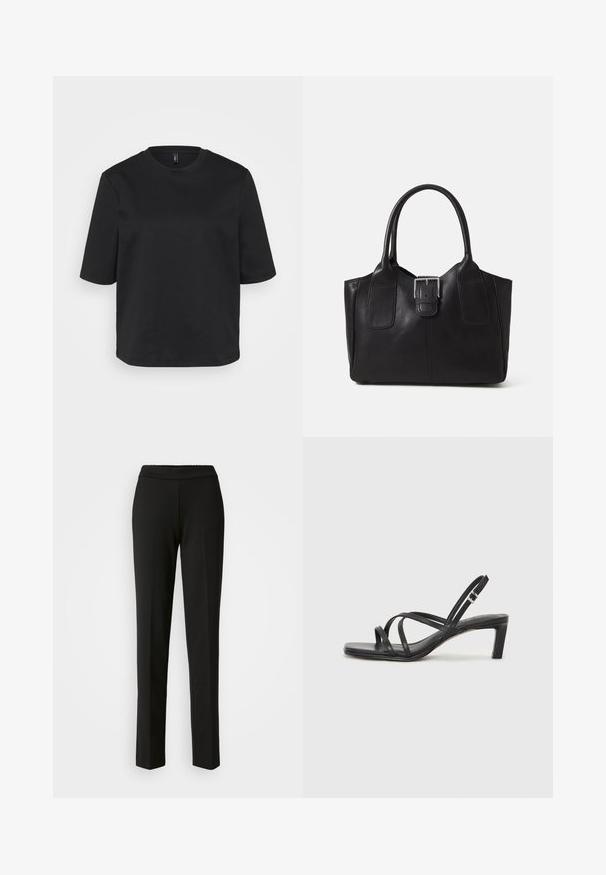 Črno majico s kratkimi rokavi iz bombaža z okrožnim ovratnikom, ki ima sproščen kroj. Gladka tekstura brez vidnih vzorcev ali akcentov.; Črne ravne hlače z elastičnim pasom. Narejene iz teksturirane tkanine brez vidnih vzorcev ali dodatkov. Čist, minimalističen dizajn.; Črne natikače s trakovi in kvadratnim prstom ter nizkim blokastim peto. Imajo več tankih trakov in nastavljiv trak okoli gležnja. Narejene so iz gladkega usnja.; Črna usnjena torba s gladko teksturo, strukturirano obliko, dvema ročkama in izrazitim srebrnim sponko na sprednji strani.
